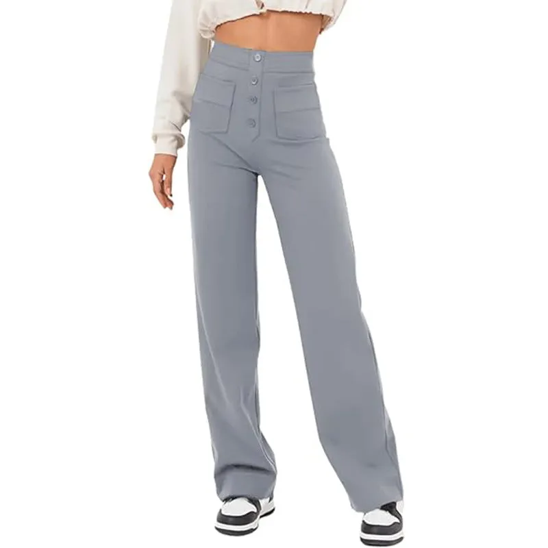 High Waist Trousers With Pockets Casual Loose Wide Leg Button Straight Pants Women's Clothing