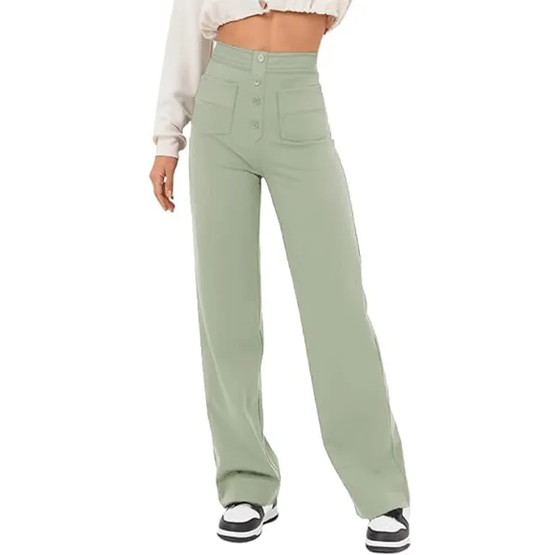 High Waist Trousers With Pockets Casual Loose Wide Leg Button Straight Pants Women's Clothing