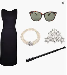 Holly Iconic Classic Black Dress Costume Set in Cotton Inspired By Audrey Hepburn Costume from Breakfast at Tiffany’s