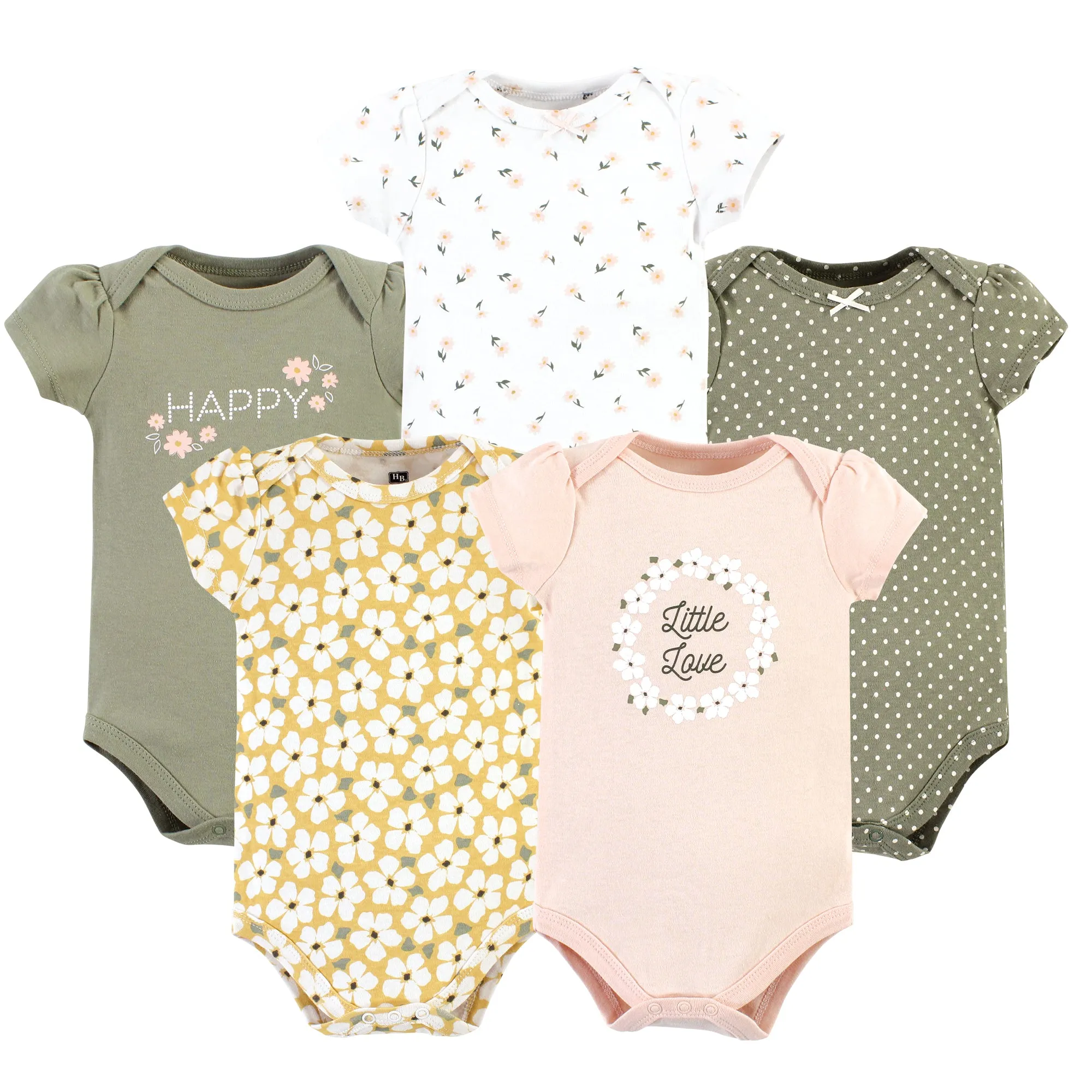 Hudson Baby Cotton Bodysuits, Sage Floral Wreath 5 Pack