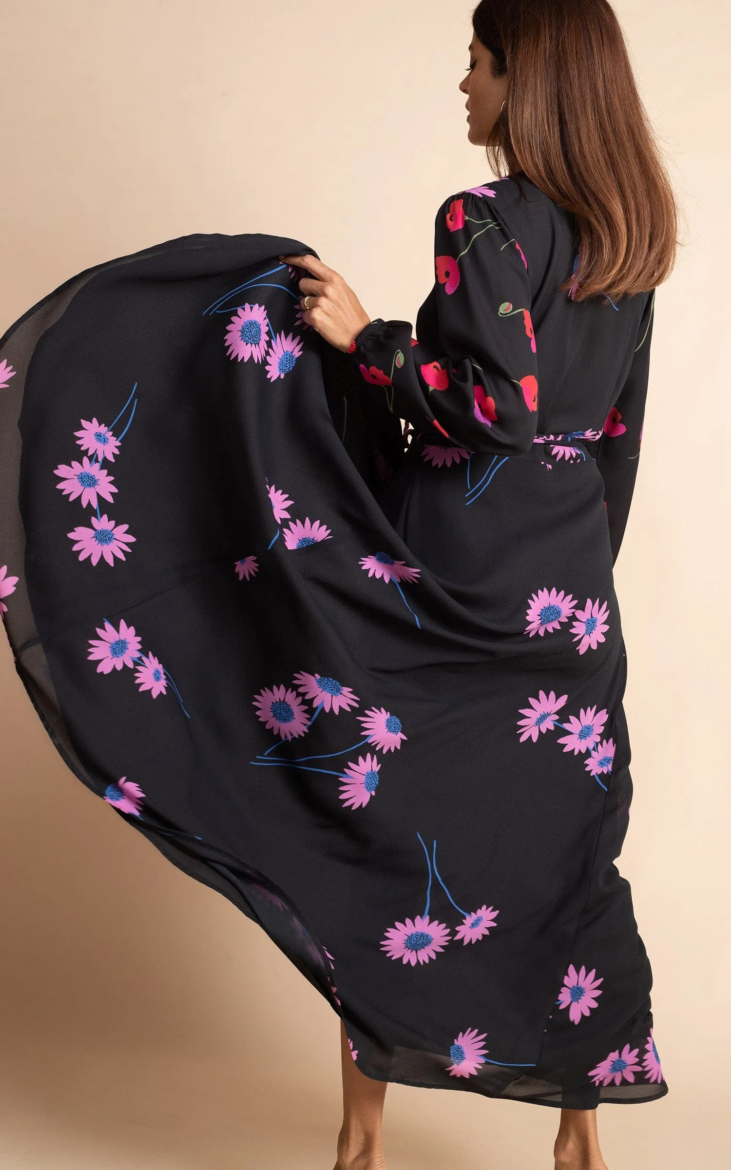 Jagger Maxi Wrap Dress in Pink Daisy on Black Mix