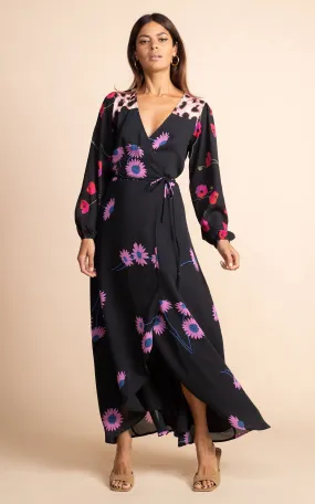 Jagger Maxi Wrap Dress in Pink Daisy on Black Mix