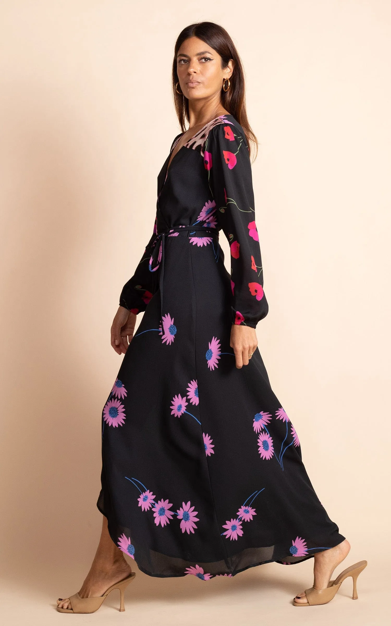 Jagger Maxi Wrap Dress in Pink Daisy on Black Mix