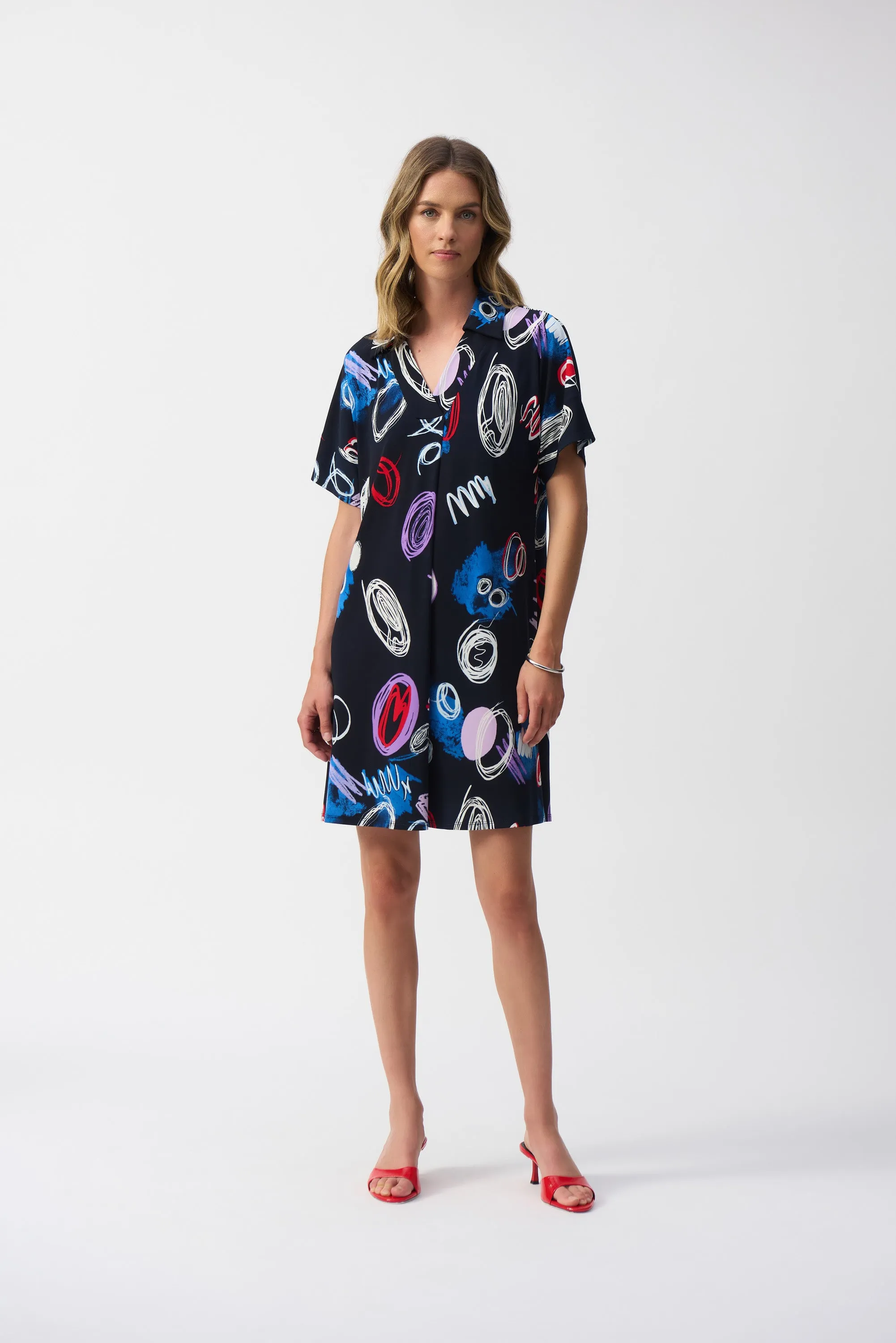 JOSEPH RIBKOFF | Silky Knit Abstract Print A-Line Dress 251111