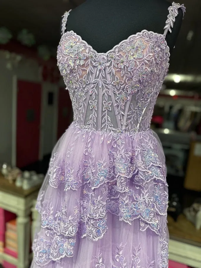 Jovani 36687 Size 6 LILAC Long Prom Dress Sequin Floral Corset Off Shoulder Layered Skirt Slit Train formal Pageant Gown