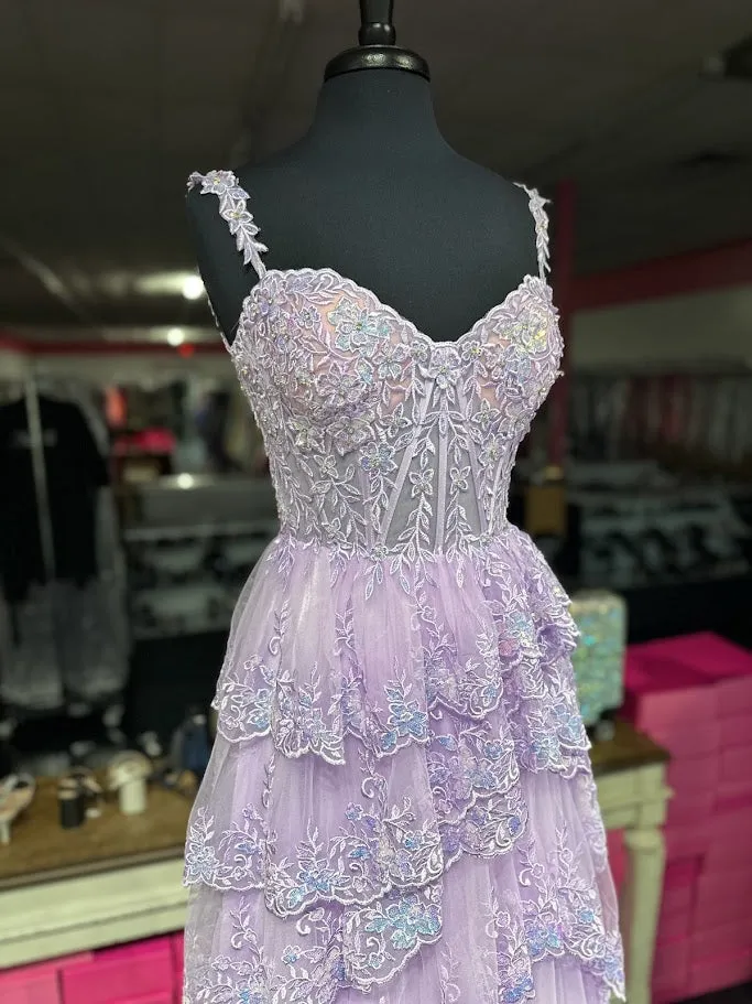 Jovani 36687 Size 6 LILAC Long Prom Dress Sequin Floral Corset Off Shoulder Layered Skirt Slit Train formal Pageant Gown