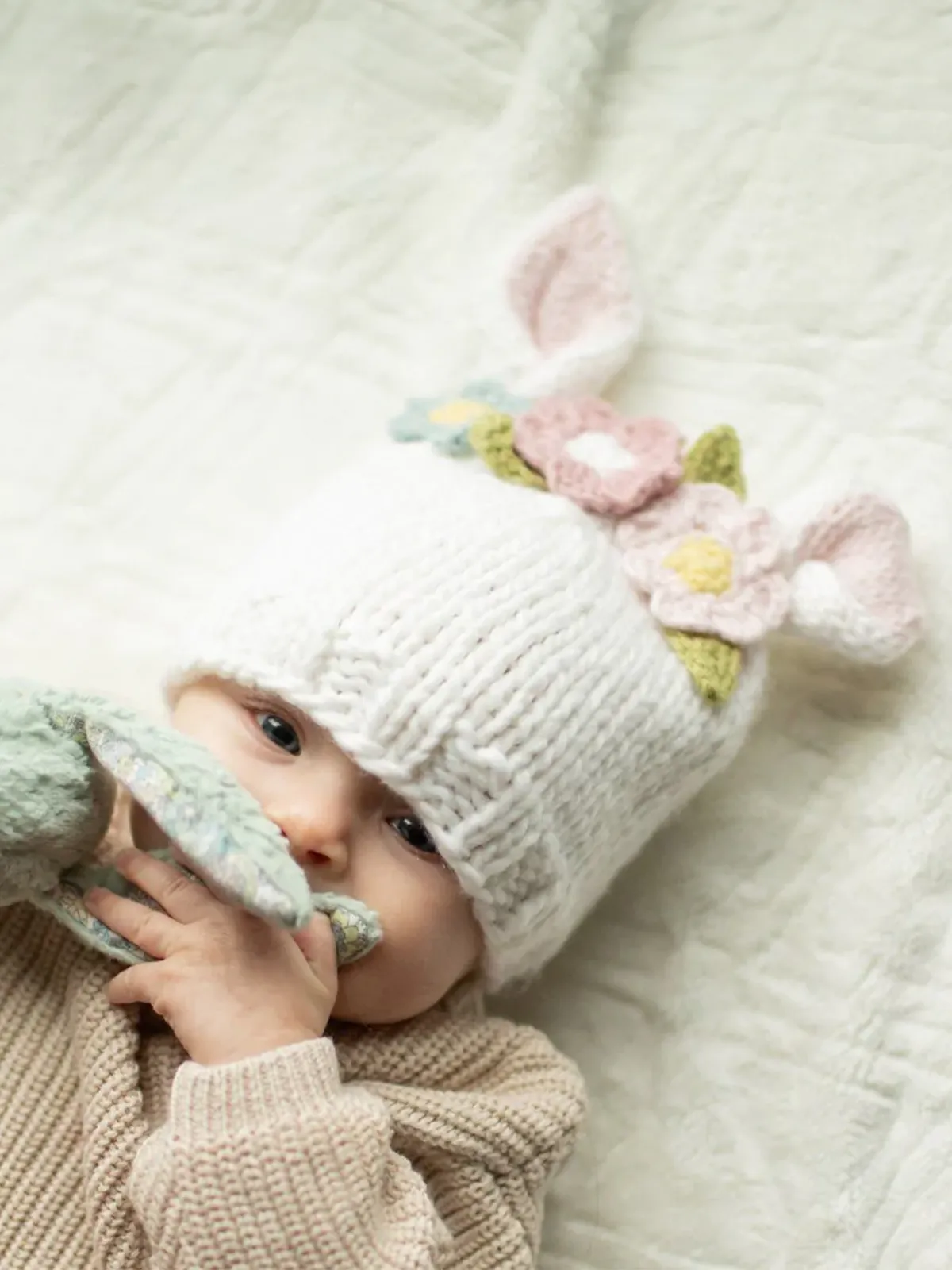 Knit Bunny Hat, White Multi Flowers