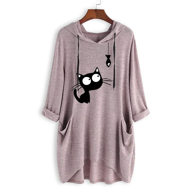 Knit hooded top sweater print long-sleeved