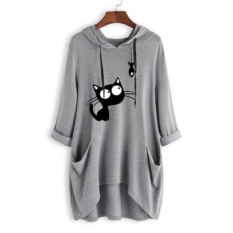 Knit hooded top sweater print long-sleeved