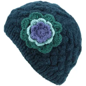 Ladies Wool Cable Knit Beanie Hat with Contrast Flower - Teal