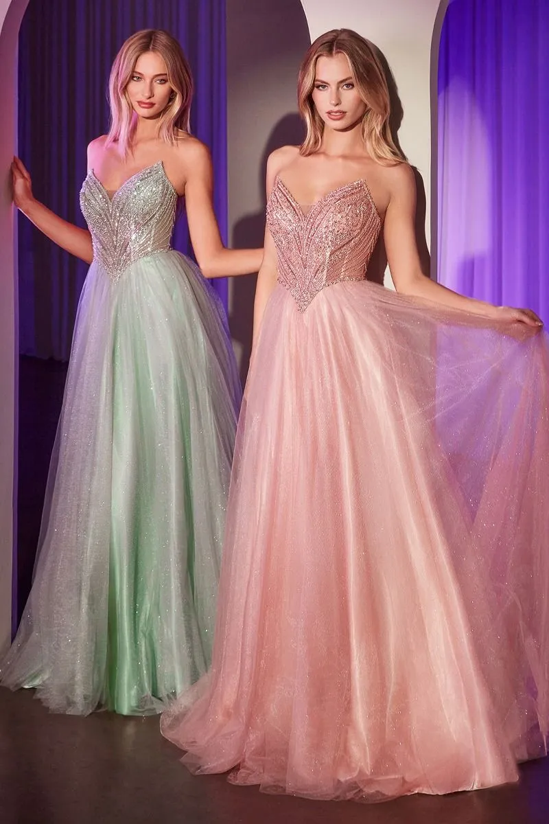 Ladivine CC415 Sheer Beaded V Neck Corset Prom Dress A Line Shimmer Ballgown Formal Gown