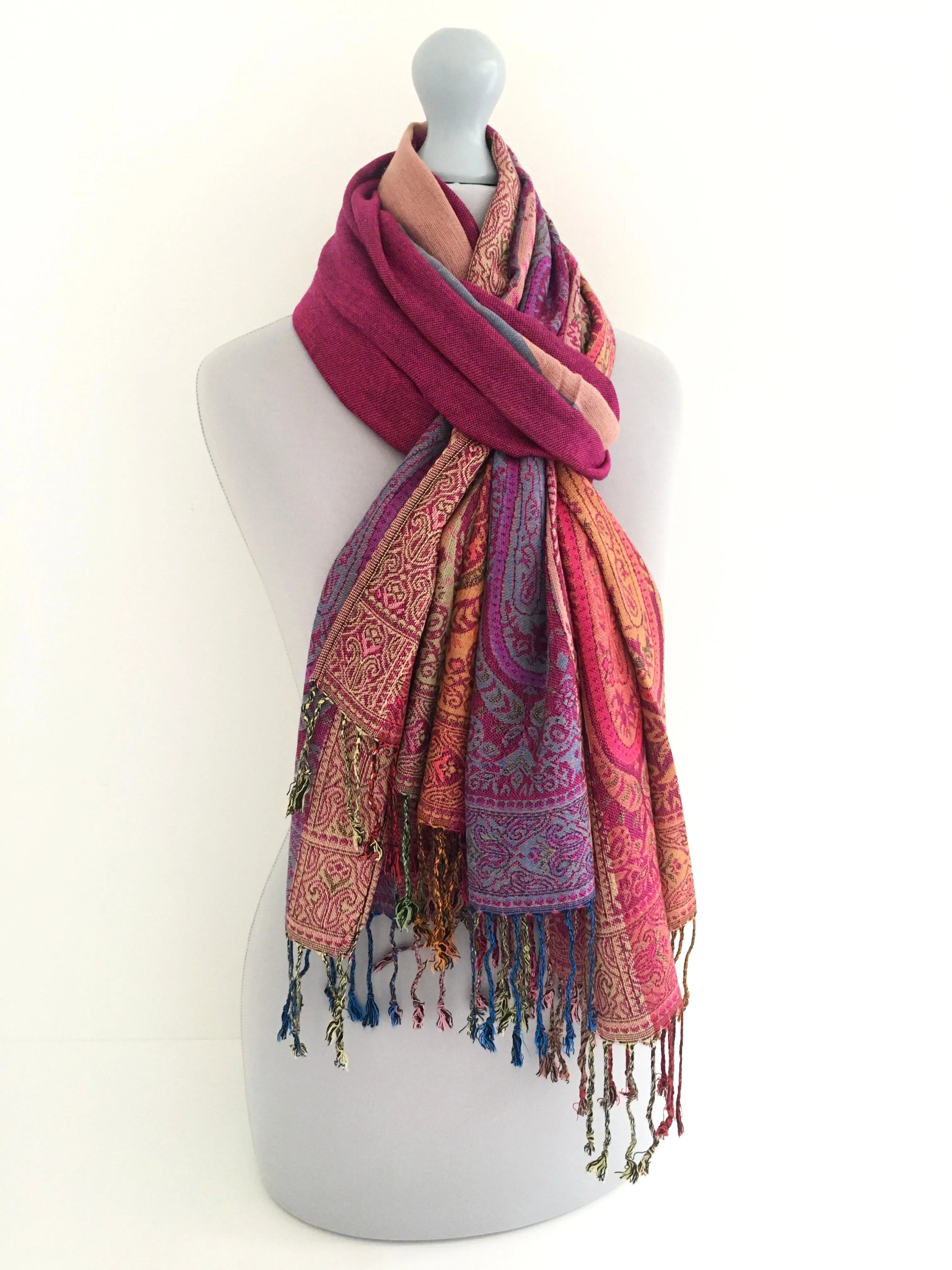 LARGE PINK RAINBOW MULTI COLOUR PAISLEY PRINT PASHMINA SHAWL SCARF