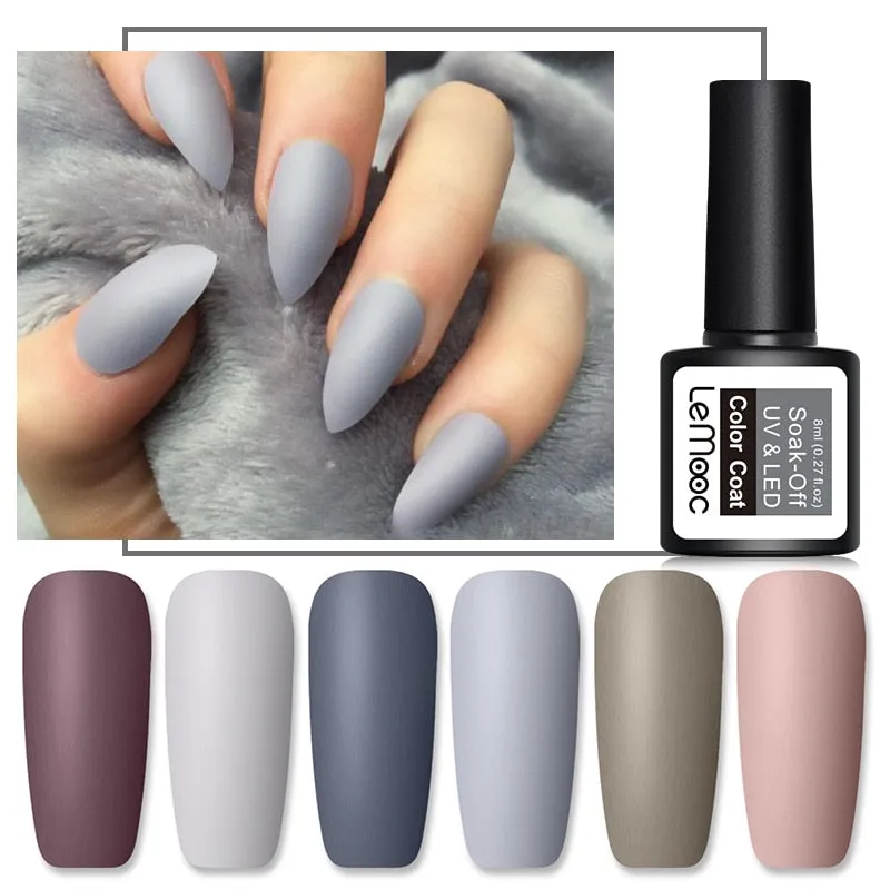 LEMOOC 8ml Matte Top Coat Color UV Gel Nail Polish Gray Series Semi Permanent Soak Off UV Gel Varnish DIY Nail Art Gel Paint