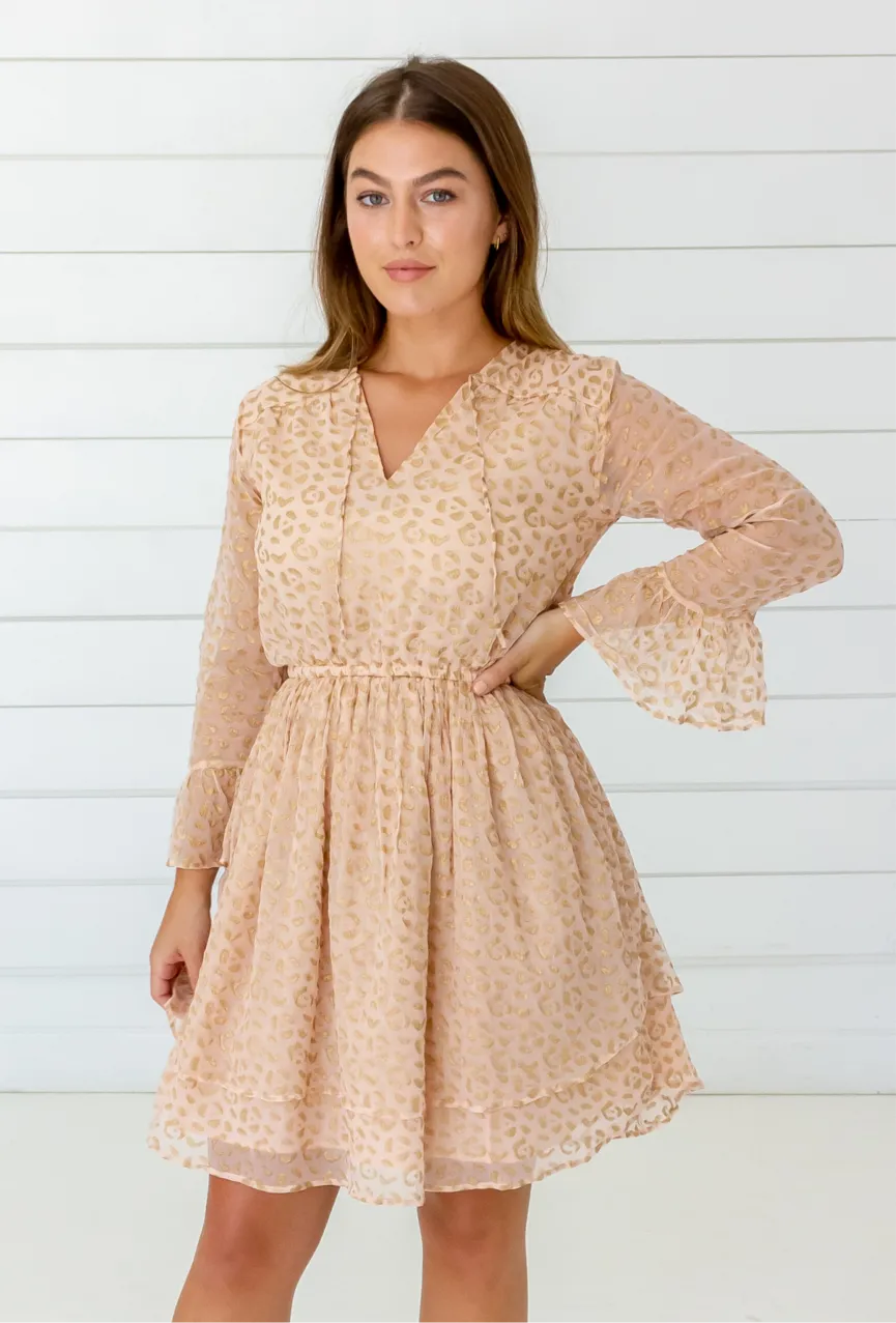 Leopard Chiffon Dress in Blush   Gold