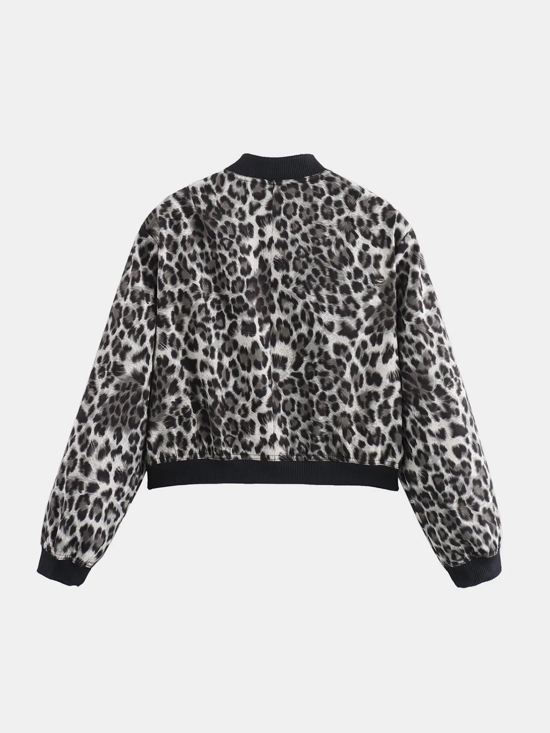 Leopard Cropped Women Jacket Baseball Collar Pocketed Snap Long Sleeve