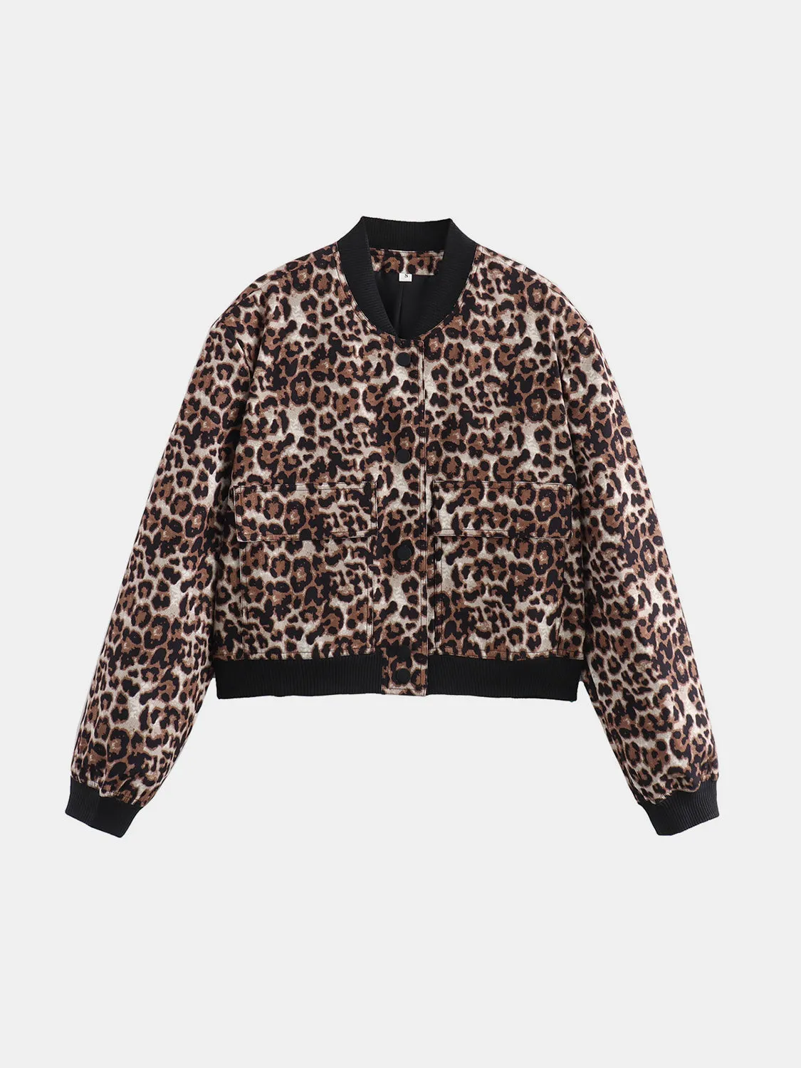 Leopard Cropped Women Jacket Baseball Collar Pocketed Snap Long Sleeve