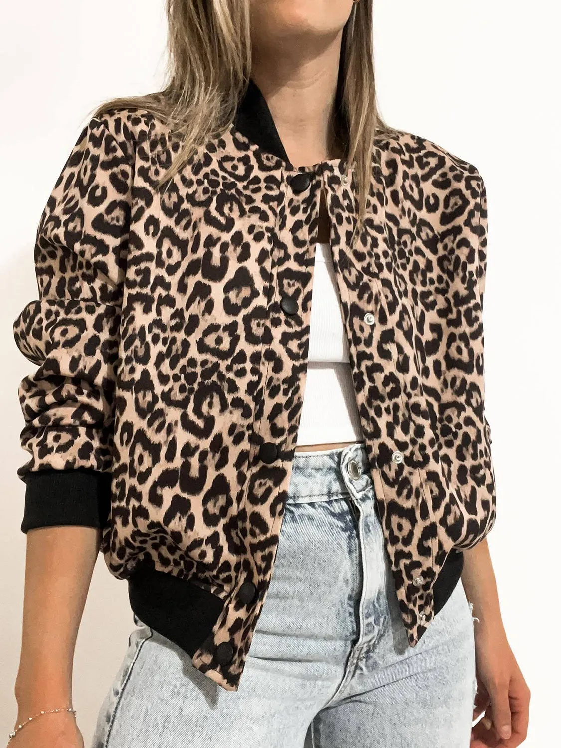 Leopard Cropped Women Jacket Baseball Collar Pocketed Snap Long Sleeve