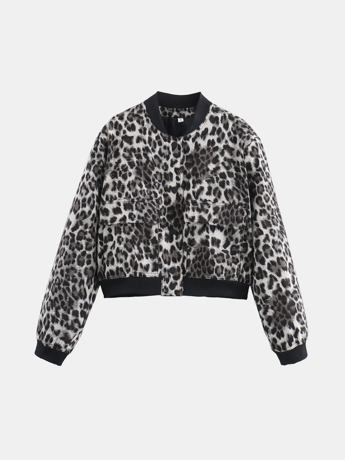 Leopard Cropped Women Jacket Baseball Collar Pocketed Snap Long Sleeve