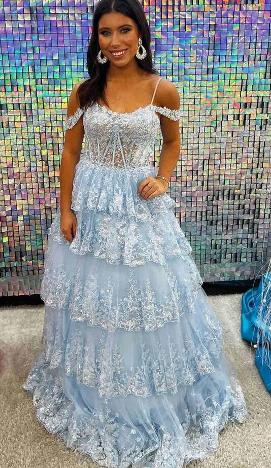 Light Blue Sequin Lace Ruffle Tiered Long Prom Dress, PC1361