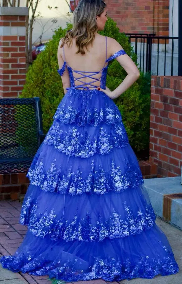 Light Blue Sequin Lace Ruffle Tiered Long Prom Dress, PC1361