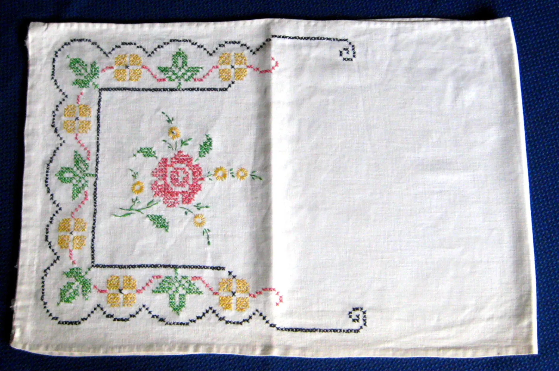 Long Embroidered Dresser Scarf 1920s Linen 40 Inches Cross Stitch Roses Runner Vanity Item