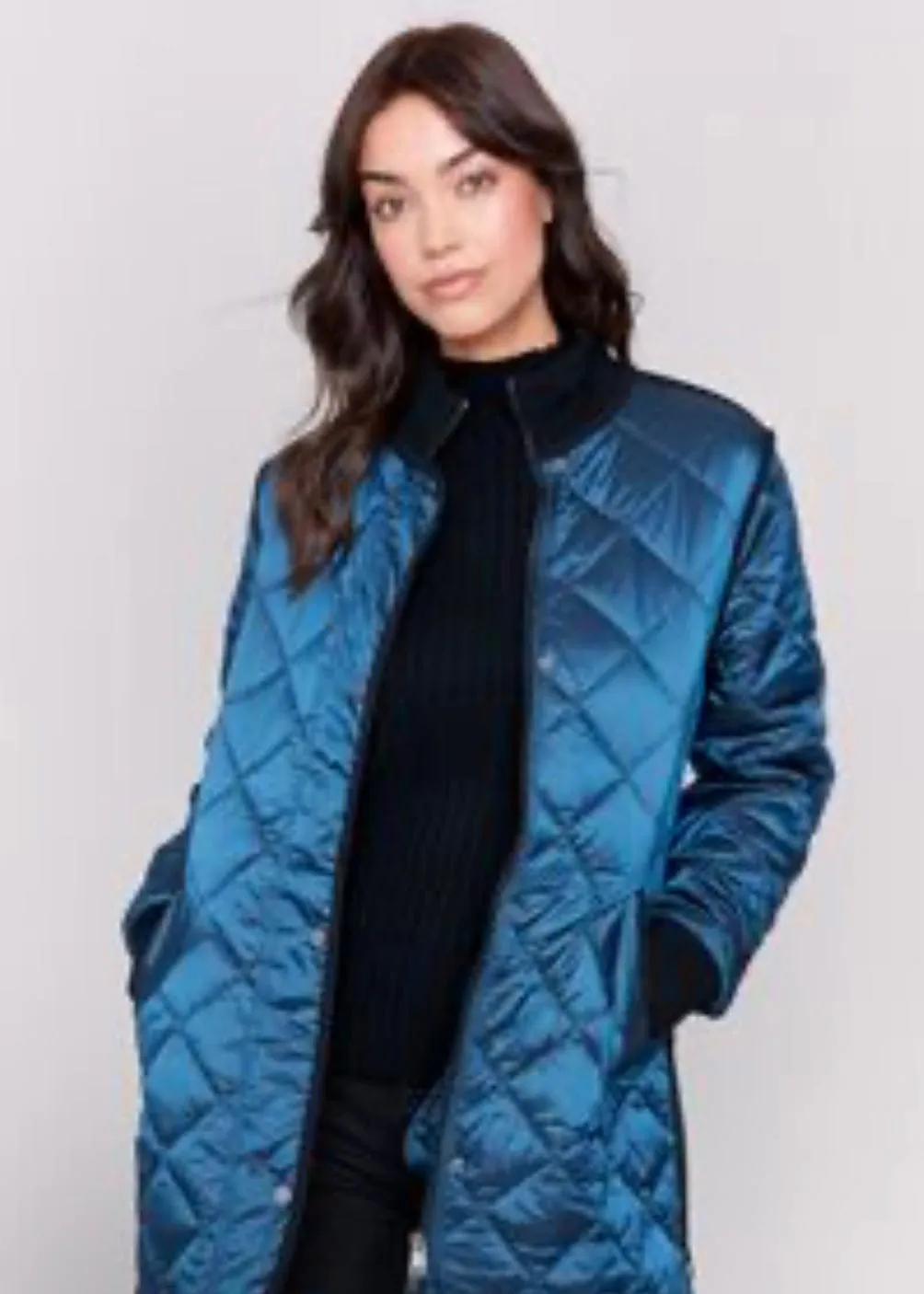 Long Quilted Iridescent Jacket in Peacock