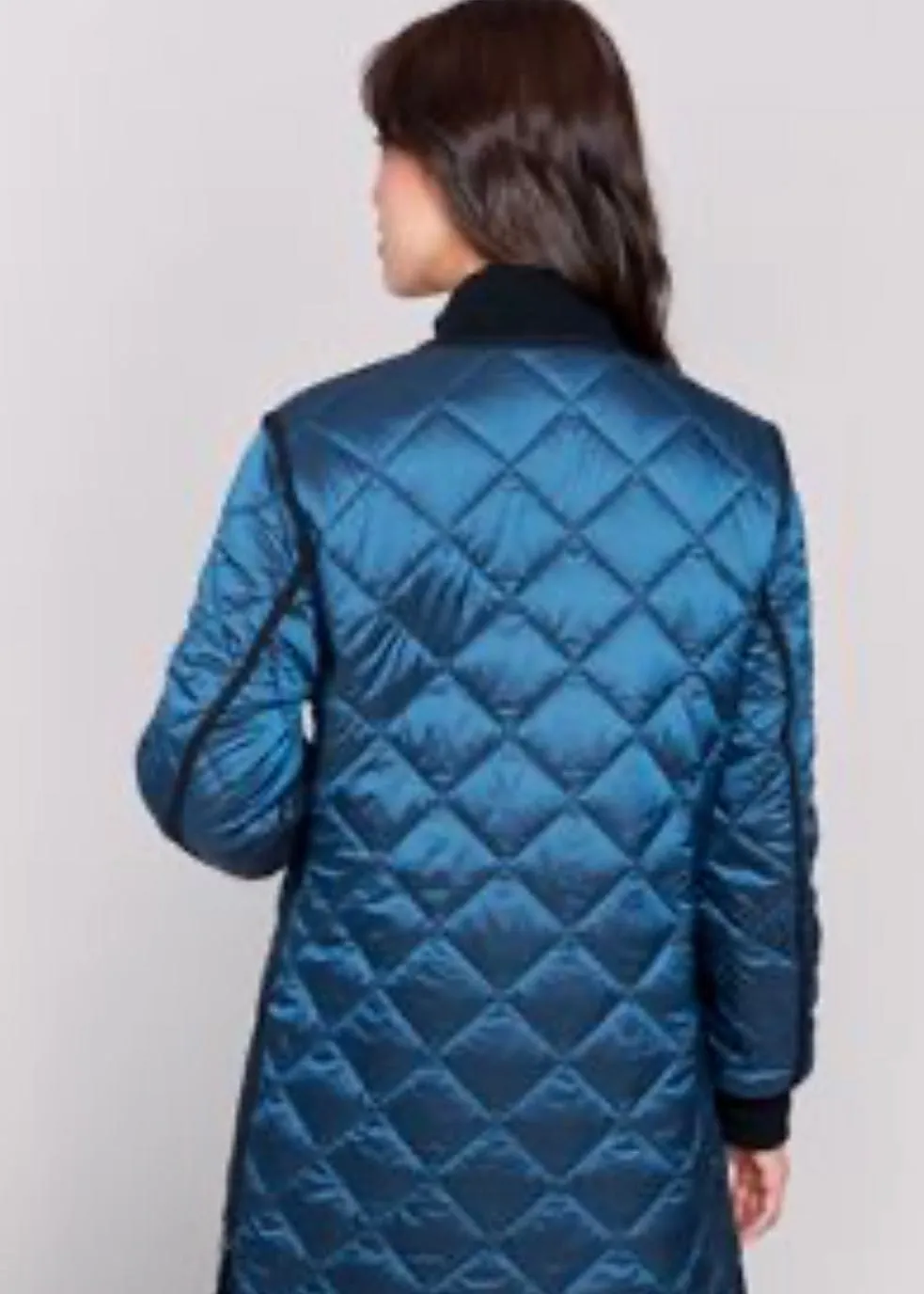 Long Quilted Iridescent Jacket in Peacock