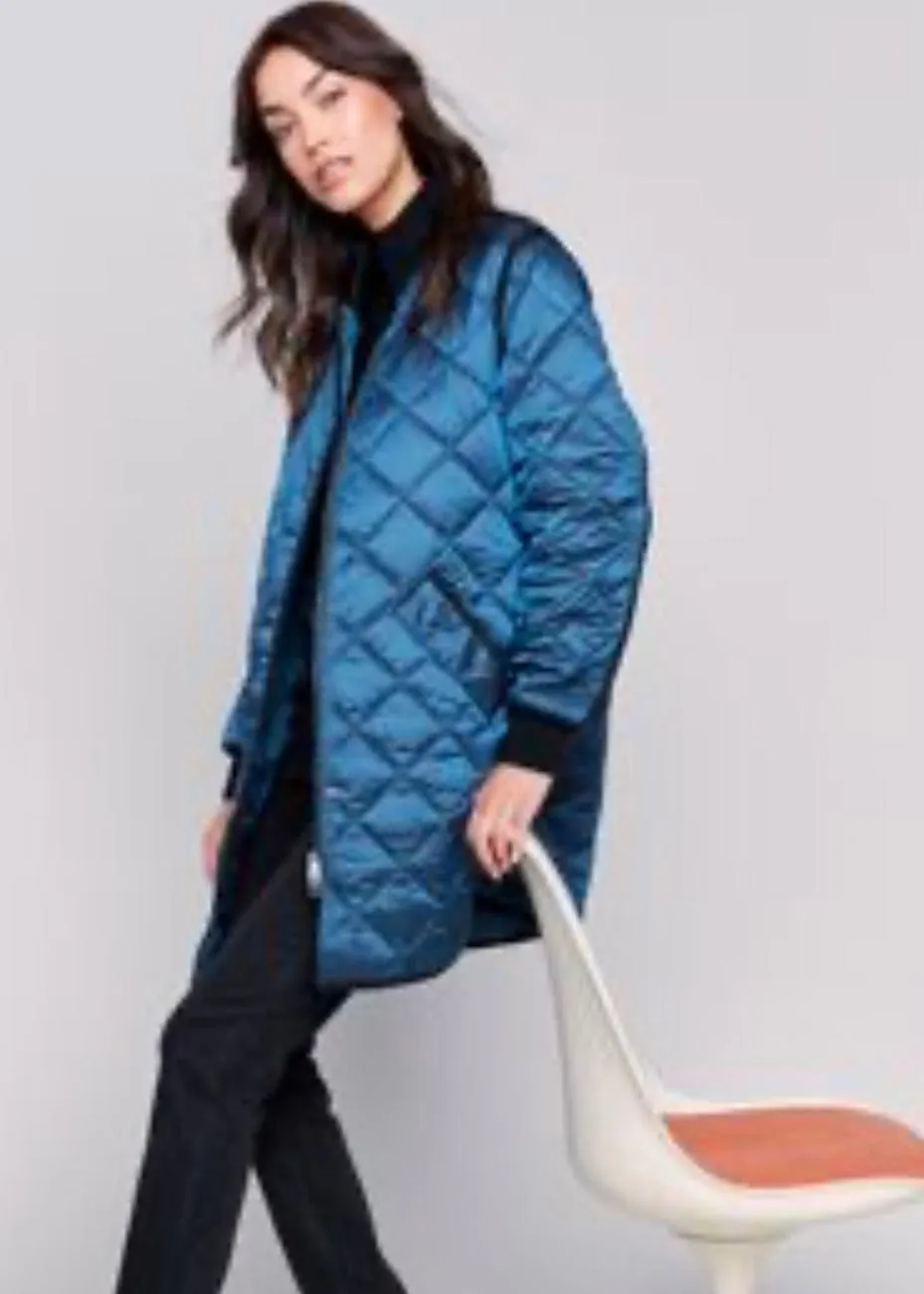 Long Quilted Iridescent Jacket in Peacock