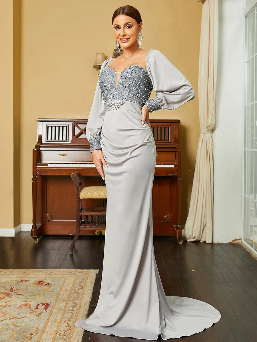 Long Sleeve Corset Grey Mermaid Evening Gown XHP2168