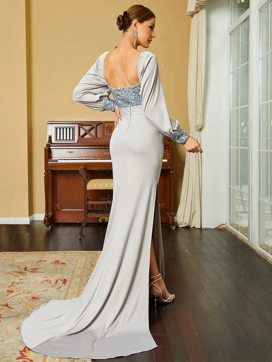 Long Sleeve Corset Grey Mermaid Evening Gown XHP2168