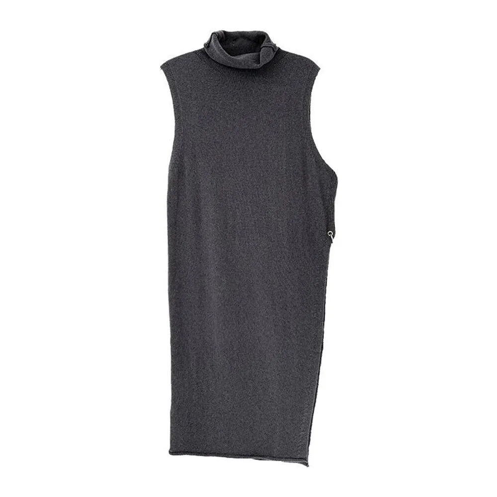 Loose Knitting Sweater For Women Turtleneck Sleeveless Solid Minimalsit Side Split Pullover Female Clothing Fashion