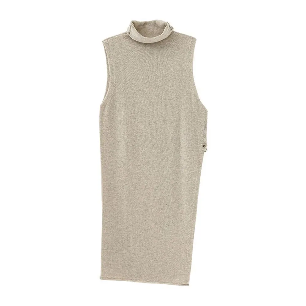 Loose Knitting Sweater For Women Turtleneck Sleeveless Solid Minimalsit Side Split Pullover Female Clothing Fashion