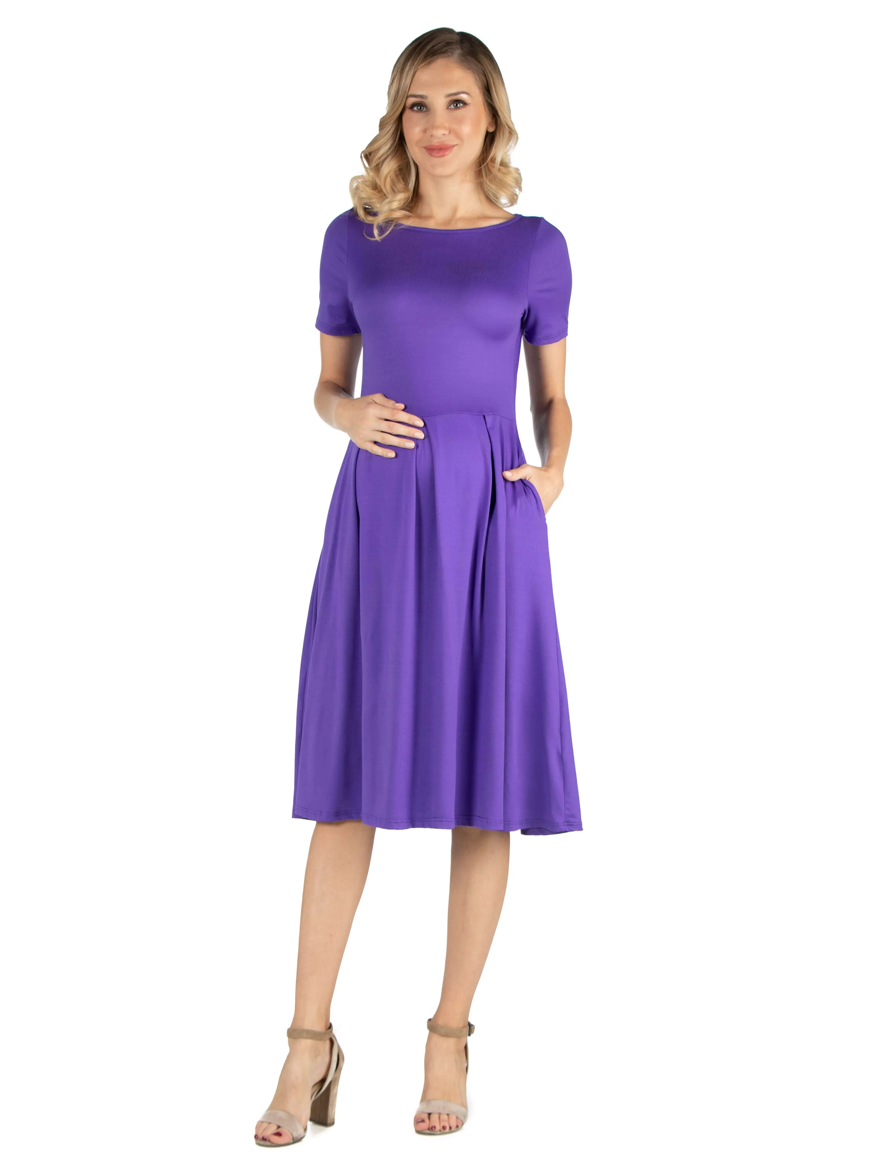 Maternity Midi Dress with Short Sleeve and Pocket Detail