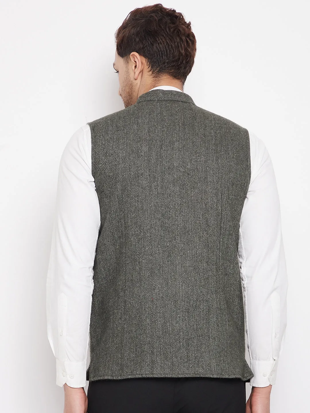 Men's Green Color Woven Nehru Jacket - Even Apparels