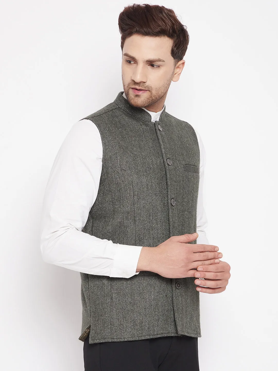 Men's Green Color Woven Nehru Jacket - Even Apparels