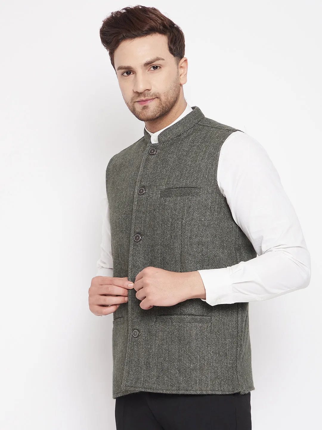 Men's Green Color Woven Nehru Jacket - Even Apparels