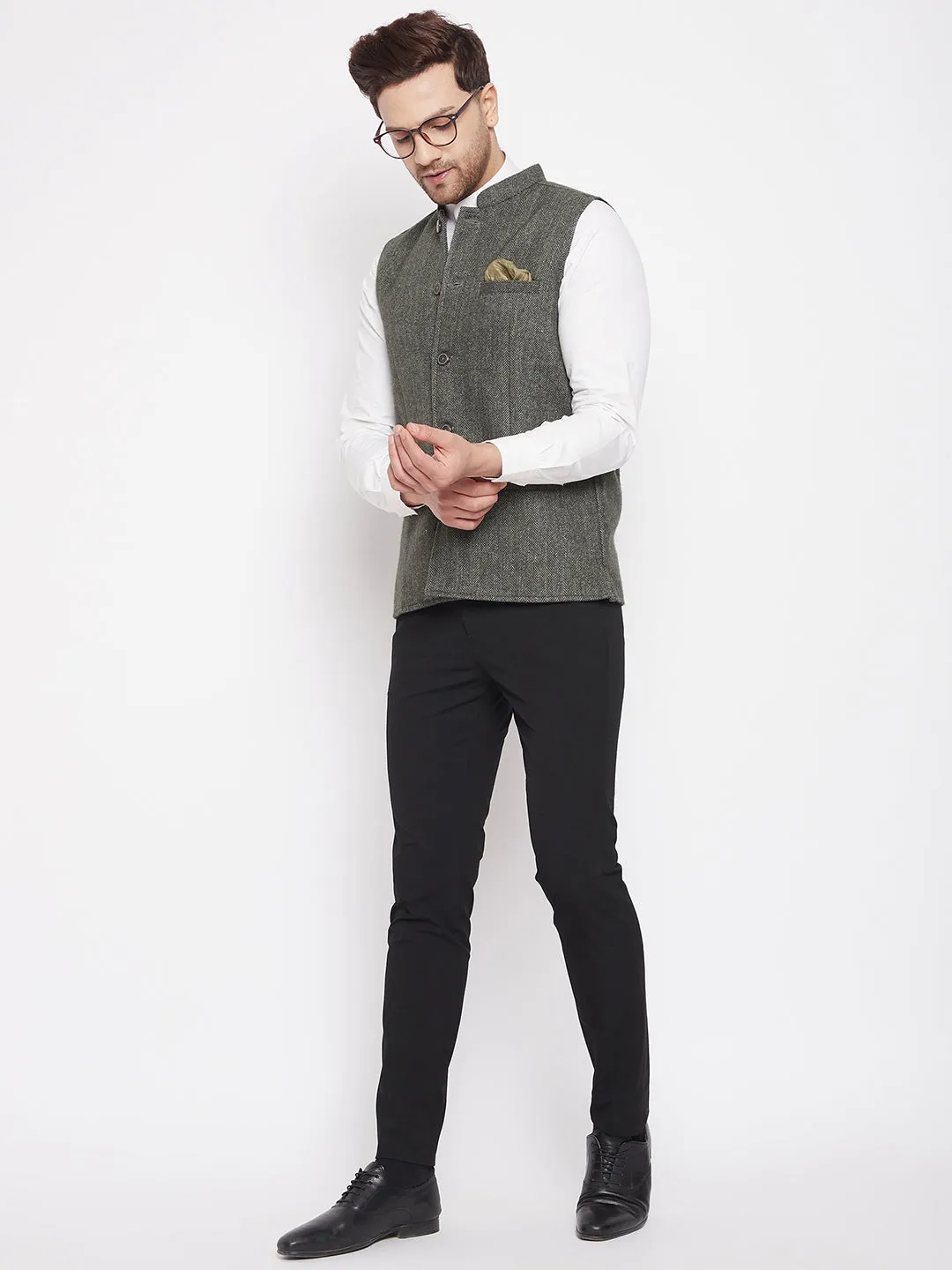 Men's Green Color Woven Nehru Jacket - Even Apparels