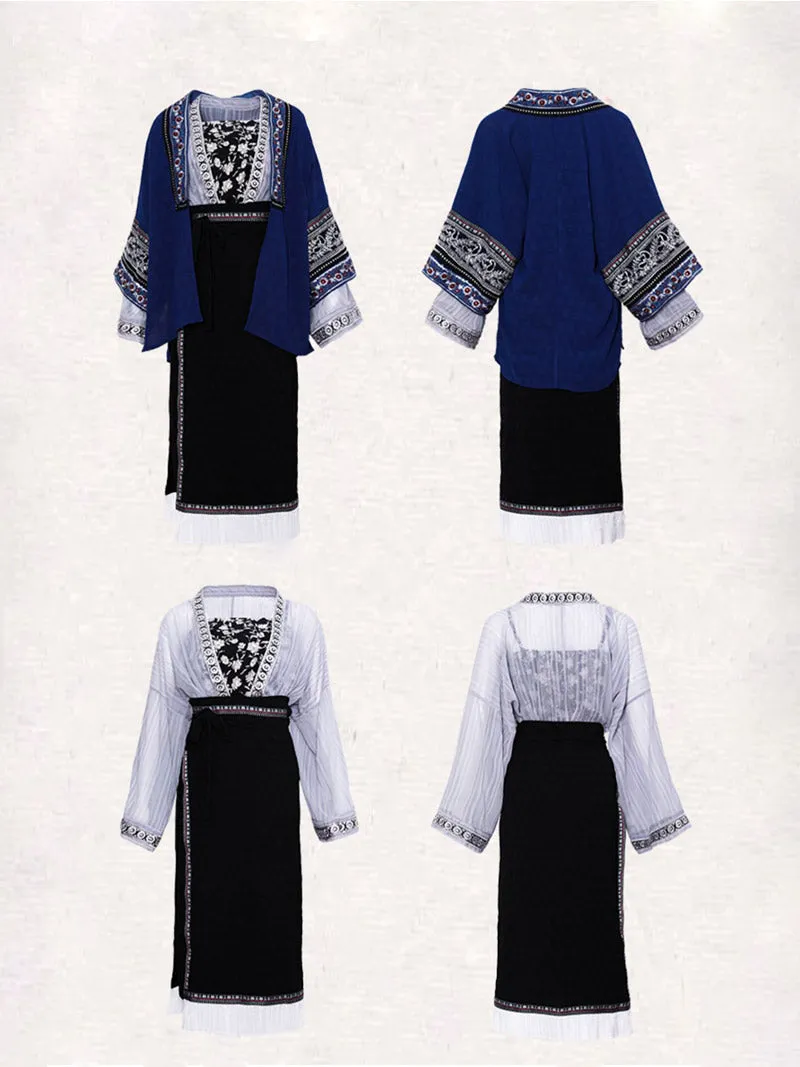 Miao Ethnic Minority Blue Embroidery Morden Hanfu Skirt Set