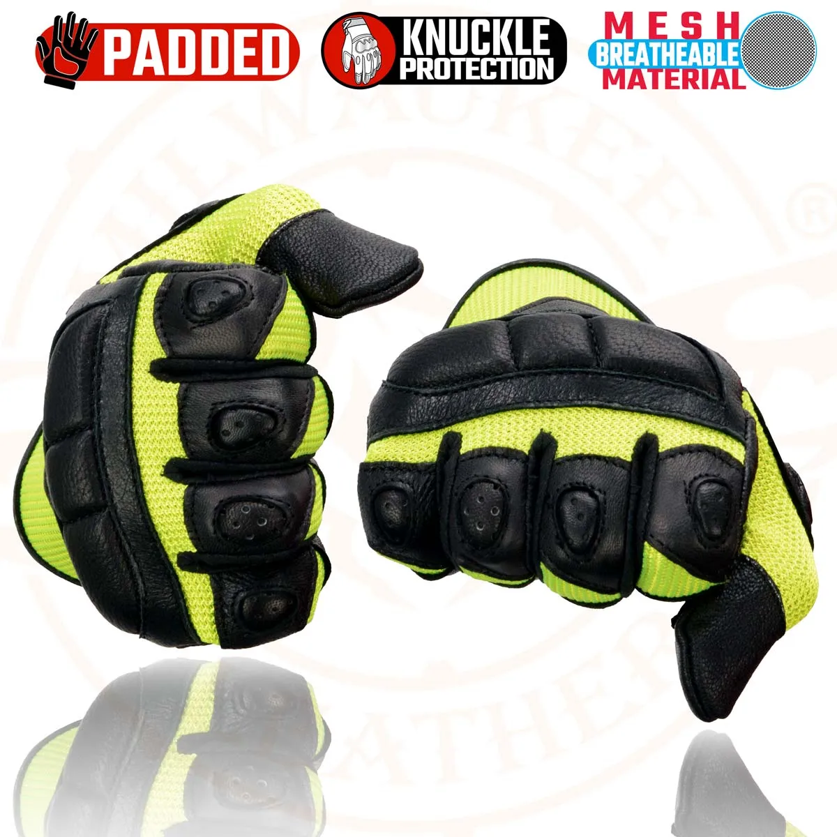 Milwaukee Leather MG7740 Women's Black Leather and Neon Green Mesh Racing Motorcycle Gloves W/ Padded Knuckle and Fingers