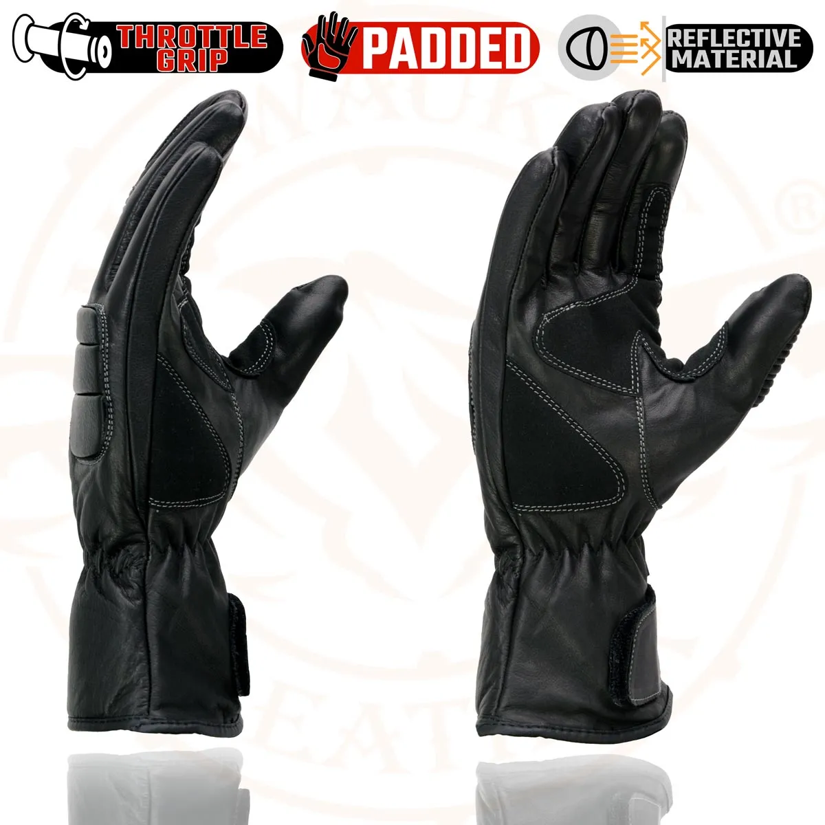 Milwaukee Leather SH607 Men's Black Leather Gauntlet Padded Back Racing Motorcycle Hand Gloves W/ Reflective Piping.