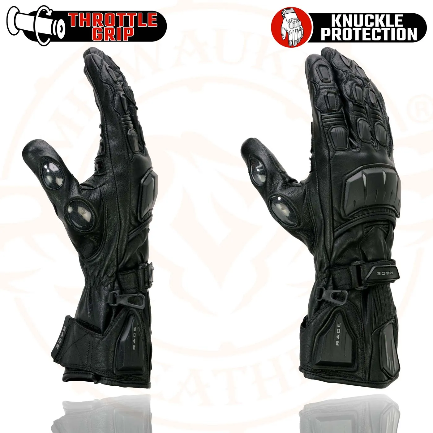 Milwaukee Leather SH717 Men's Black Leather Gauntlet Racing Motorcycle Hand Gloves W/ Hard Knuckle Protection Extra Grip Reinforced Palm