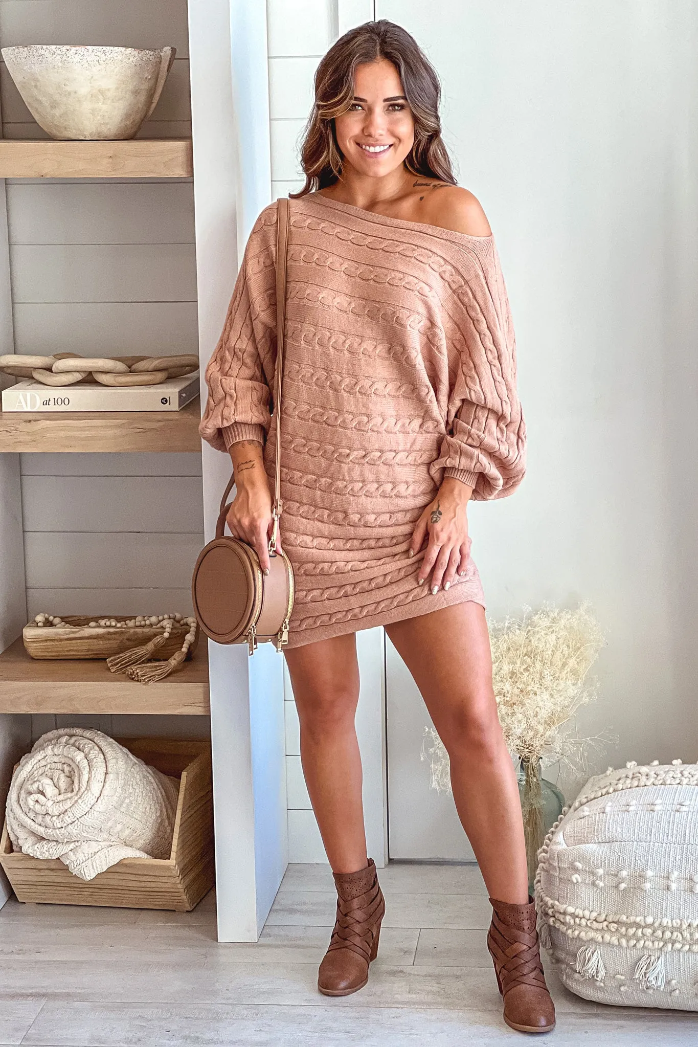 Mocha One Shoulder Sweater Dress