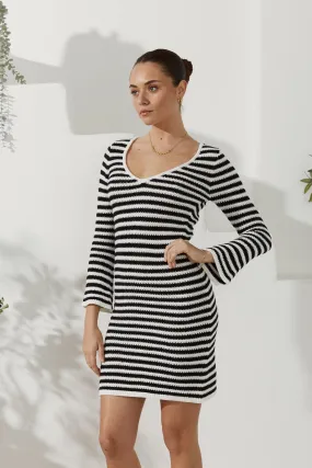 Nadia Black White Stripe Knit Mini Dress