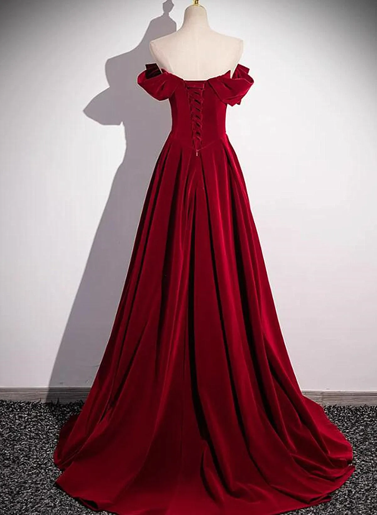 Off Shoulder Wine Red A-line Beaded Velvet Prom Dress, Wine Red Long Formal Dress