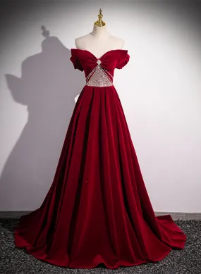 Off Shoulder Wine Red A-line Beaded Velvet Prom Dress, Wine Red Long Formal Dress