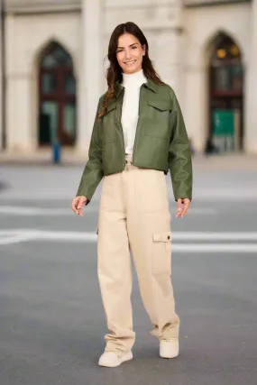 Olive Cropped Puffed Sleeve Leather Jacket