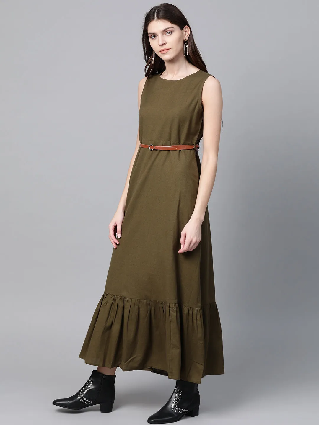 Olive Sleeveless Frill Hem Belted Midi