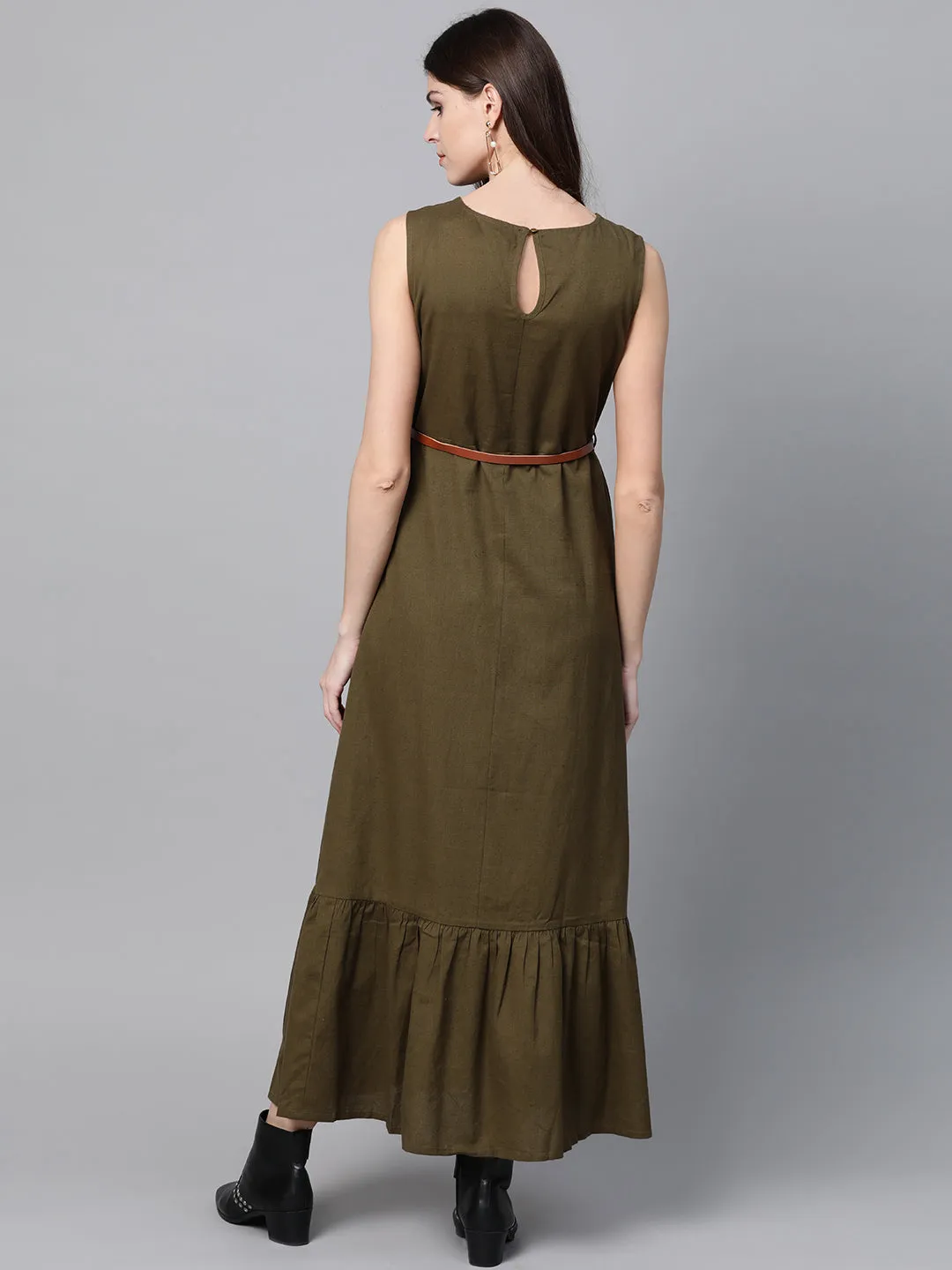 Olive Sleeveless Frill Hem Belted Midi