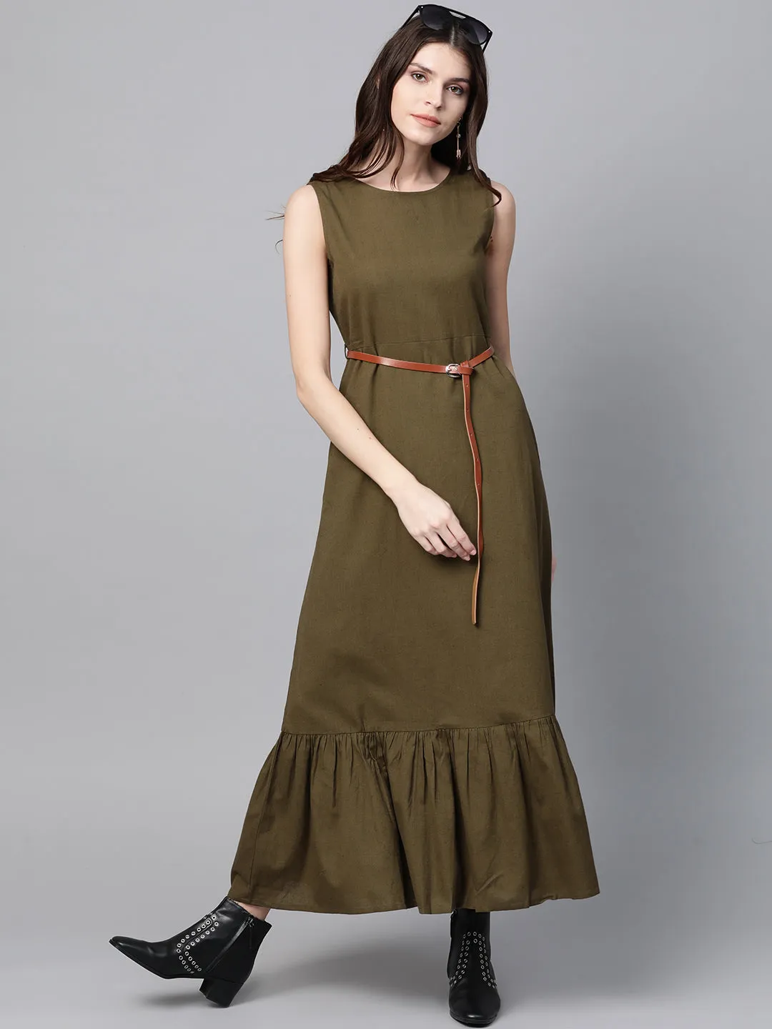 Olive Sleeveless Frill Hem Belted Midi