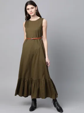 Olive Sleeveless Frill Hem Belted Midi